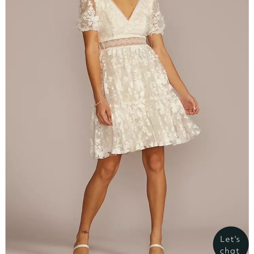 David's Bridal Cream Ruffled Puff Sleeve Dress